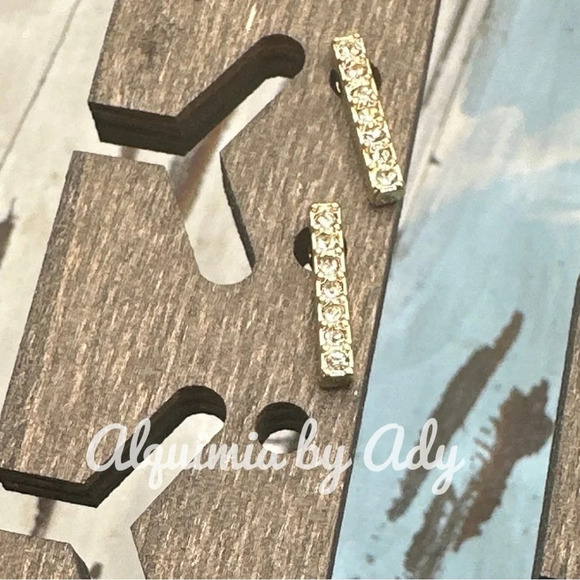 Dainty gold steel bar stud earrings /cubic zirconia pave jewelry